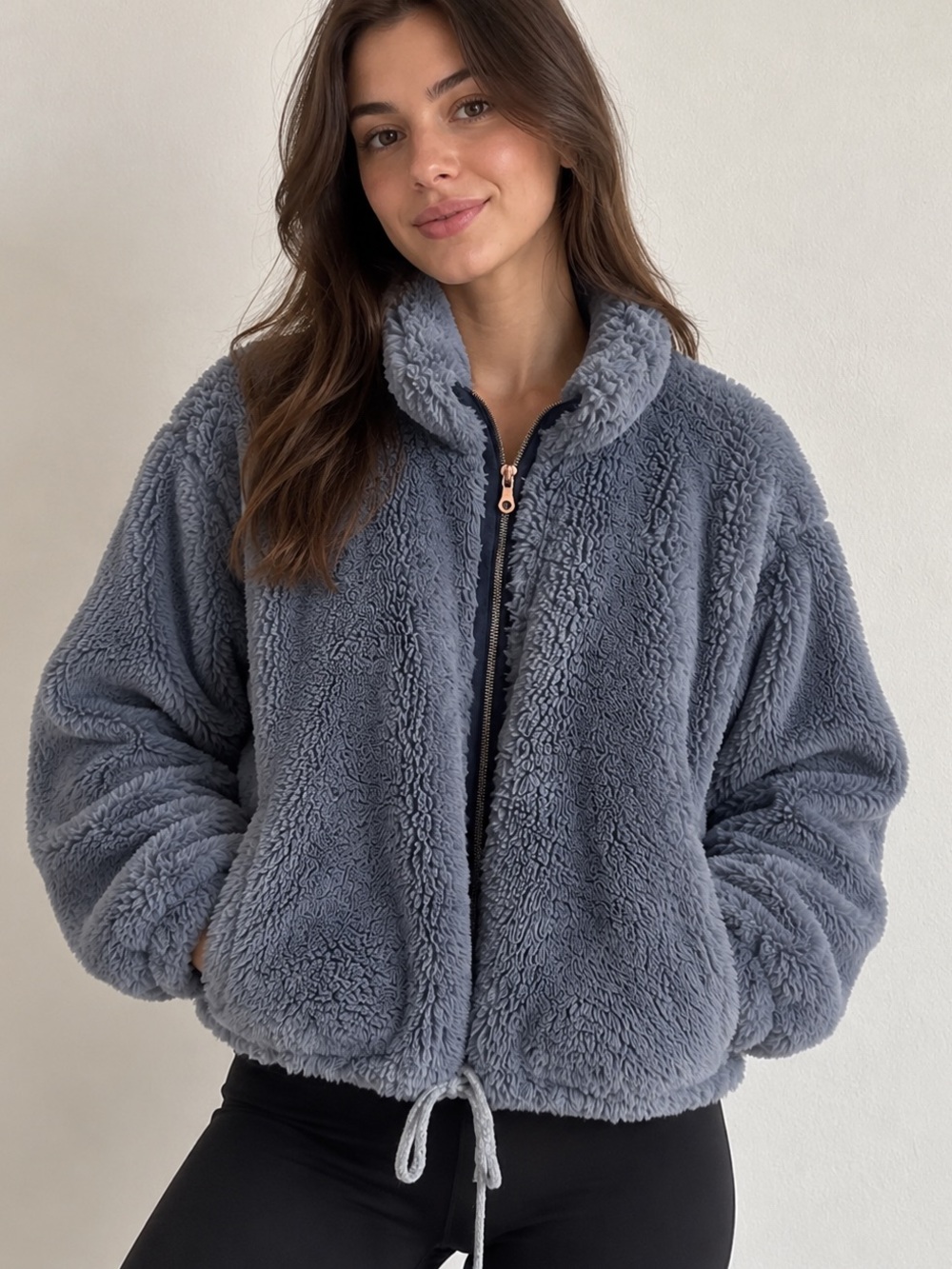 Elevenses Anthropologie Blue Gray Plush Teddy Cropped Zip Jacket Size M